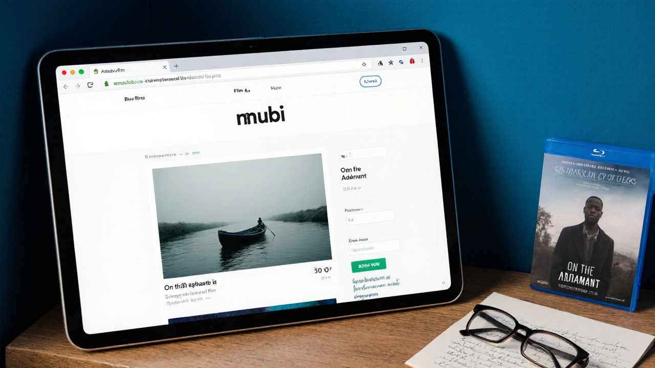 MUBI&#039;s digital interface displaying a Senegalese film with a single still image and a 30-day countdown, beside a physical Blu-ray case.
