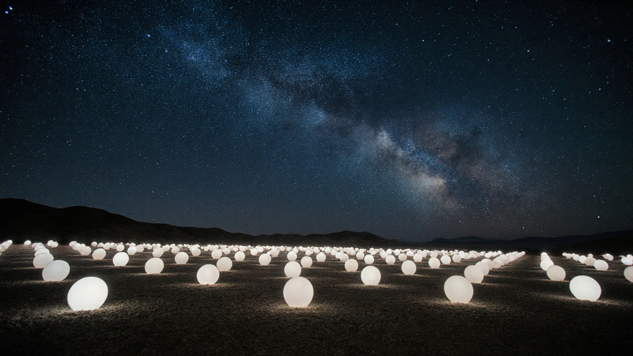 One hundred white spheres on a desert ridge under a starry sky, each lit by a single LED.