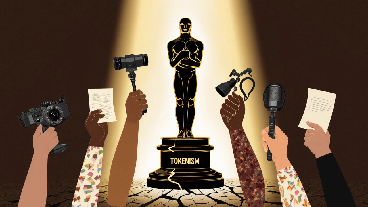 Oscar statuette rising from a mosaic of hands representing underrepresented identities in filmmaking.