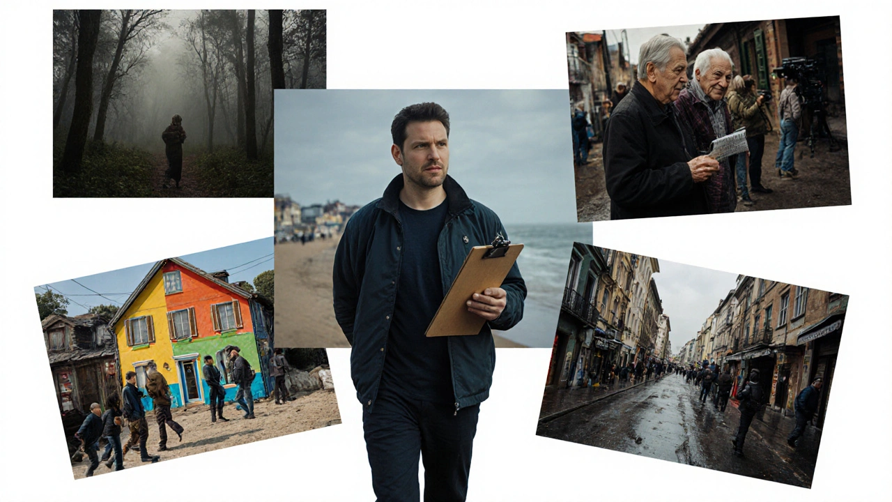 Producer moving between five different film sets, each representing a distinct genre in a slate.