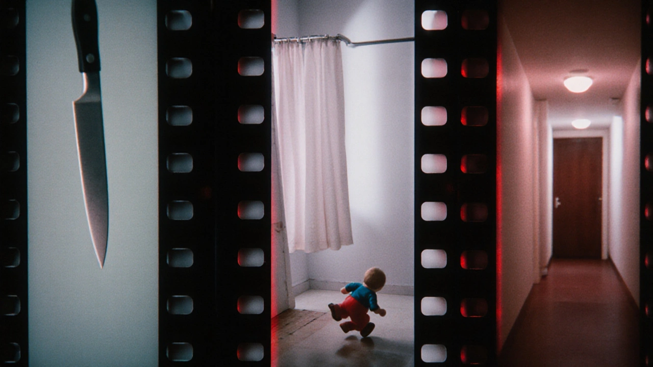 Rapid film cuts frozen in time, glowing red highlights on key moments of tension.