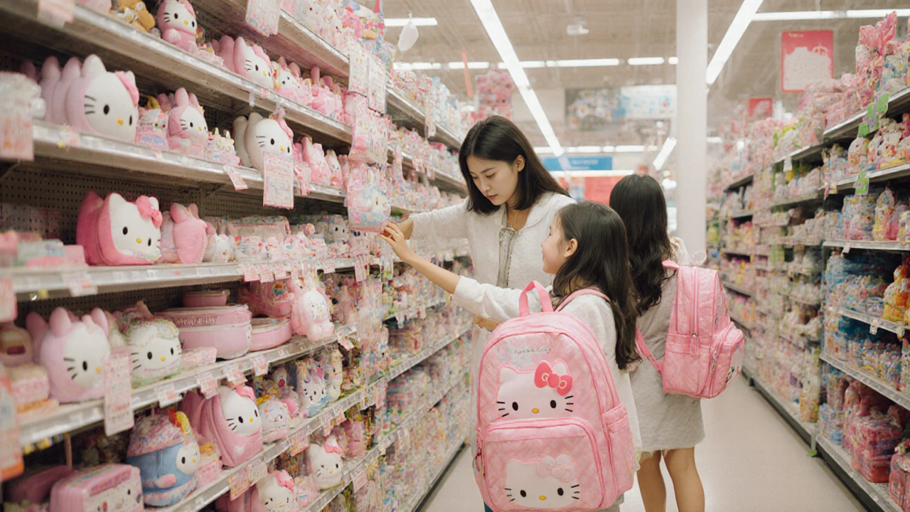Retail shelf filled with Sanrio character merchandise, mother and daughter choosing a backpack.