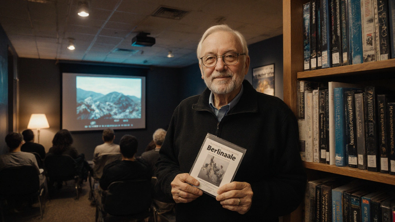 Retired professor in a library showing a documentary about Appalachian mining to a quiet crowd.