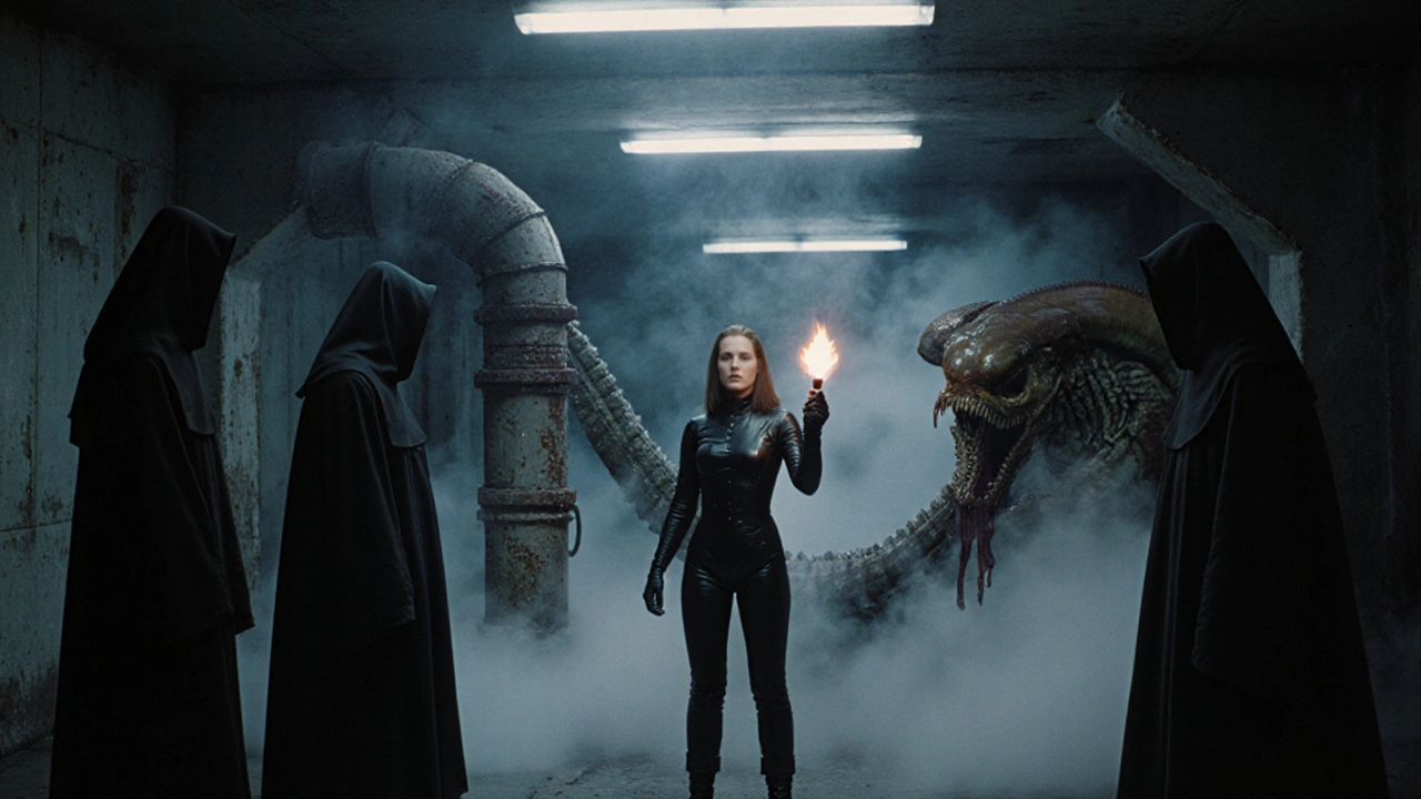 Ripley in dark space prison surrounded by monks and a dripping alien, flickering lights above.