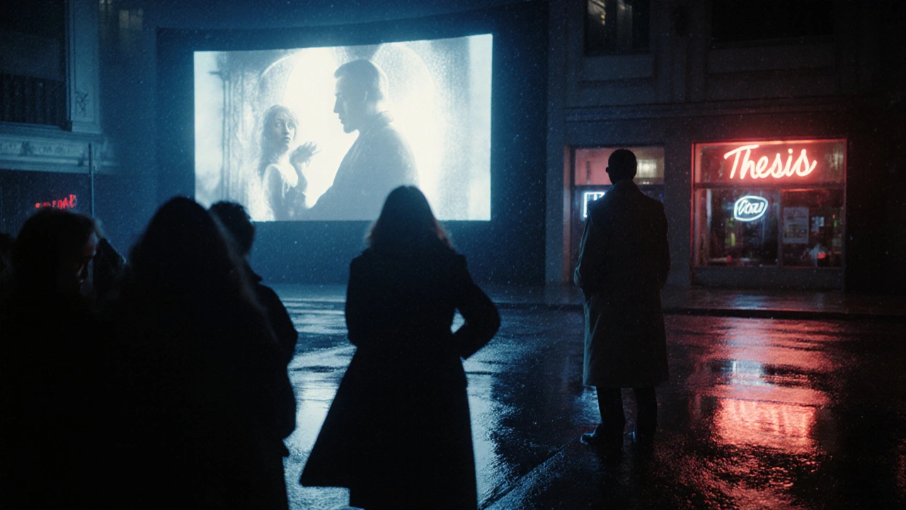 Silhouetted crowd at a midnight horror screening, neon lights reflecting on wet pavement outside.