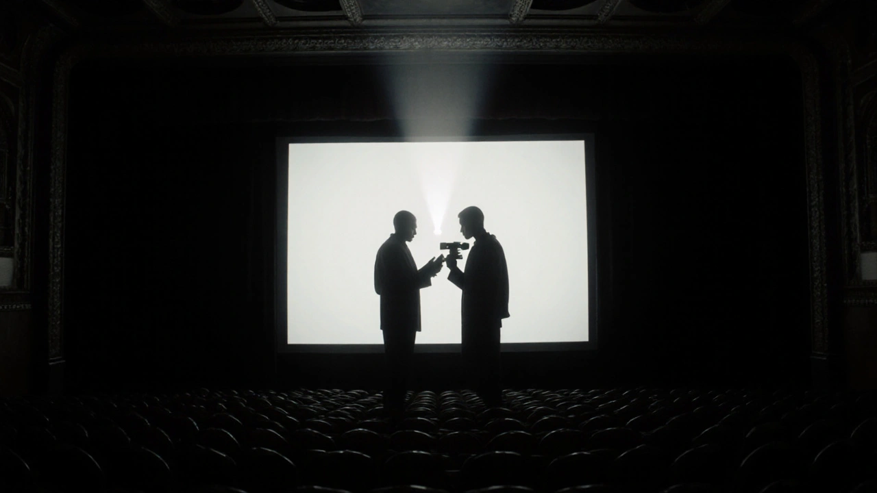 Silhouettes of director and cinematographer united in light, projecting story onto a dark theater screen.