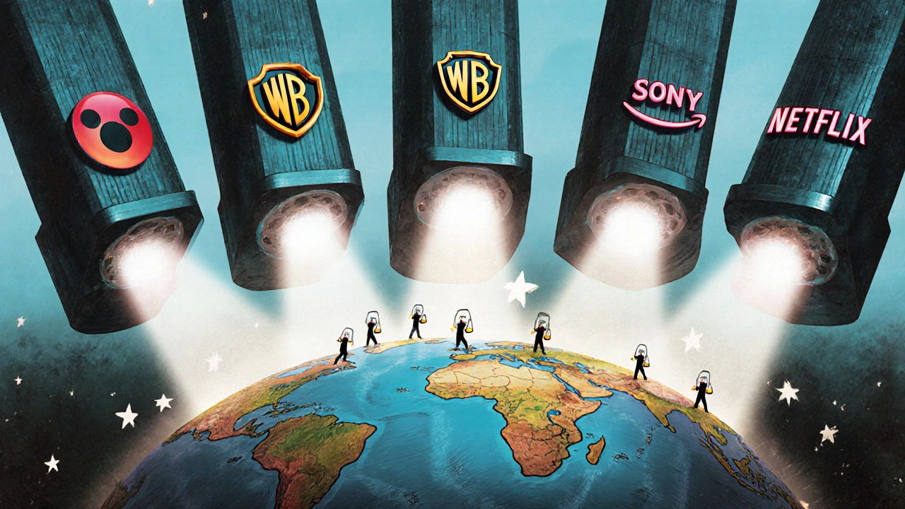 Six giant studio projectors casting light onto a world map with glowing cities in Asia, Africa, and Latin America.