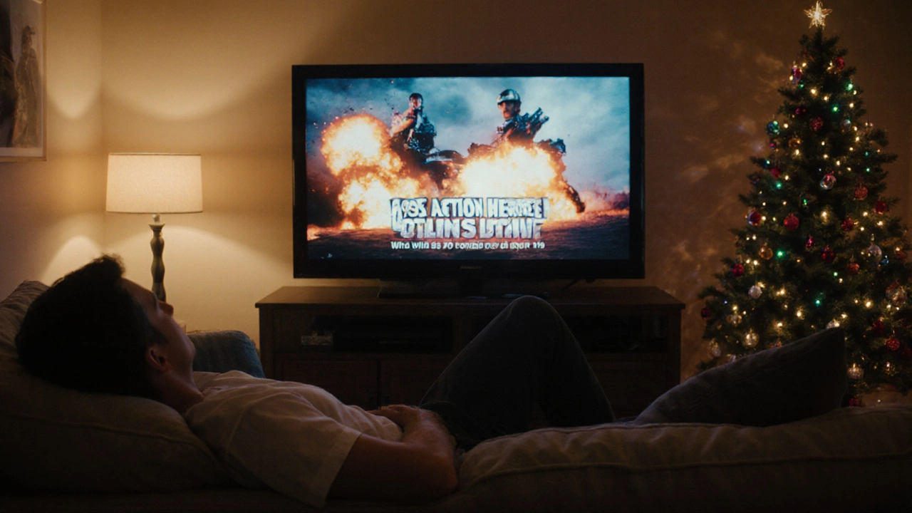 Someone watching a 90s action movie on TV late at night with ad breaks interrupting.