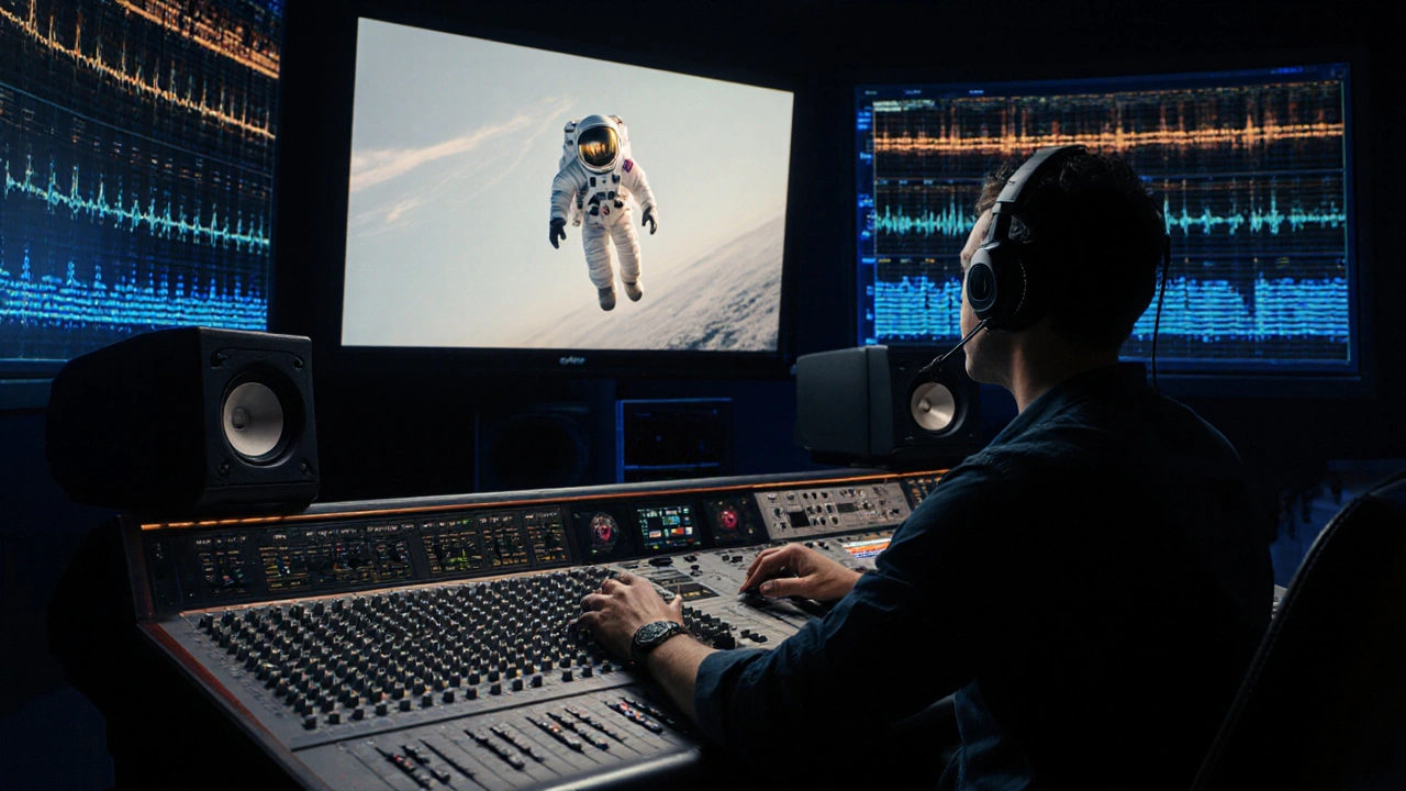 Sound engineer in a studio adjusting audio, with a silent astronaut scene on monitor.