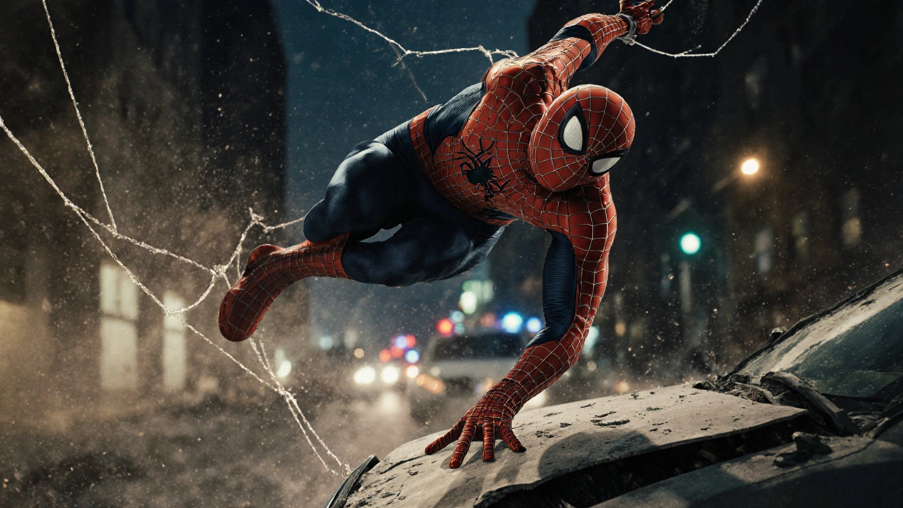 Spider-Man swings through a chaotic urban street, dust and web-lines in motion.