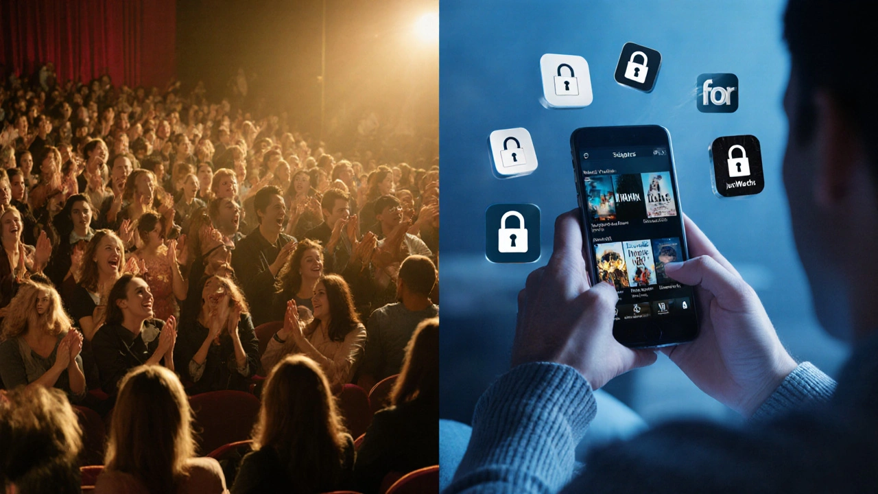 Split scene: lively movie theater on one side, lonely viewer scrolling on a phone app on the other.