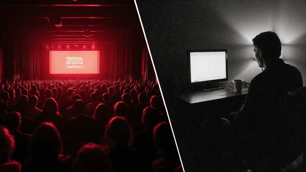 Split-screen: a festival audience watching a film on the left, the director alone reviewing footage on a monitor on the right.