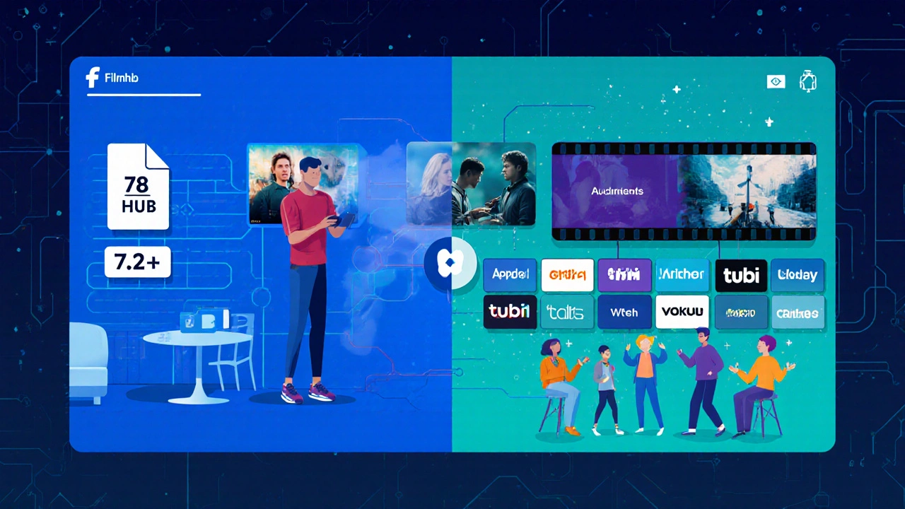 Split-screen: Filmmaker uploading film to Filmhub while it appears on multiple streaming platforms.