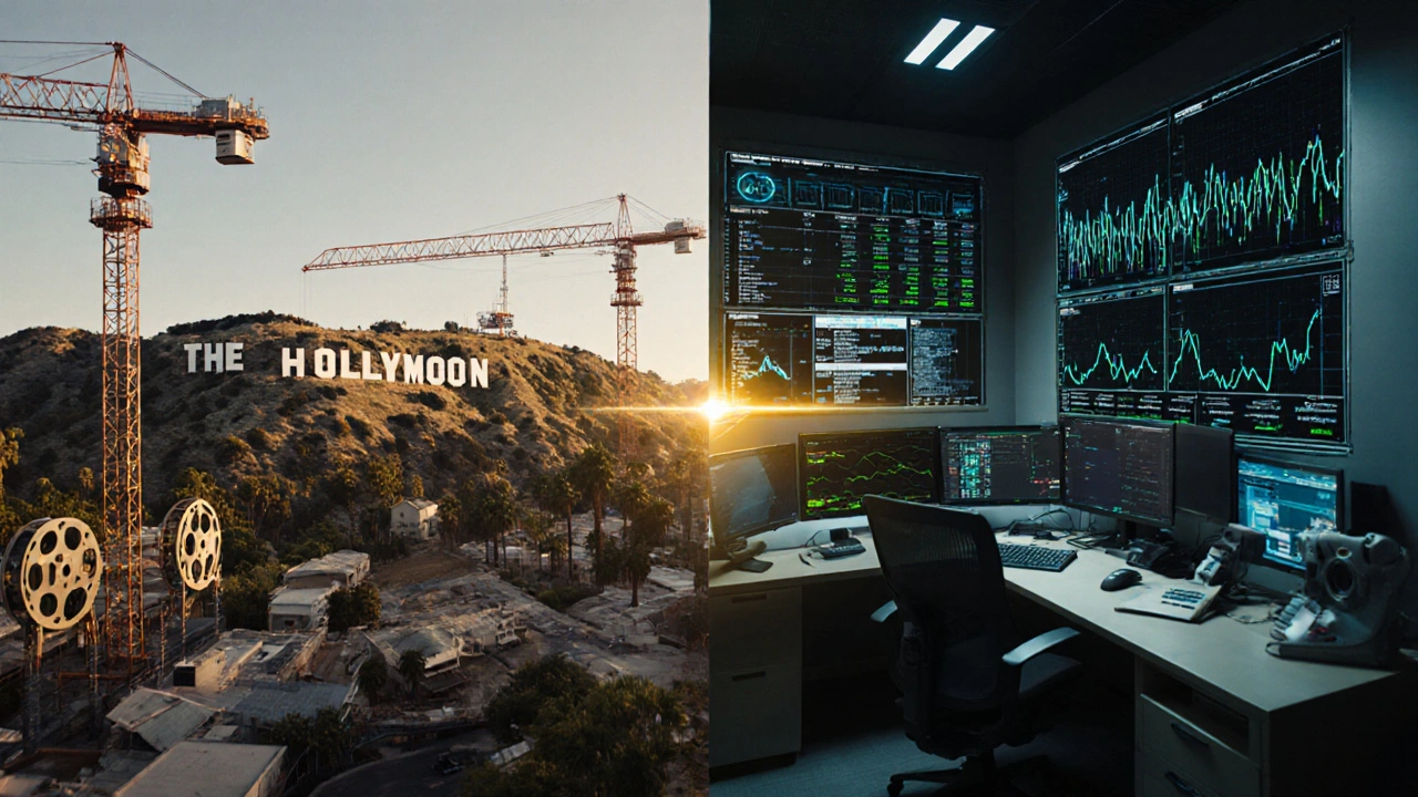Split-screen: Hollywood studio lot on one side, streaming data dashboard on the other, connected by golden money flow.