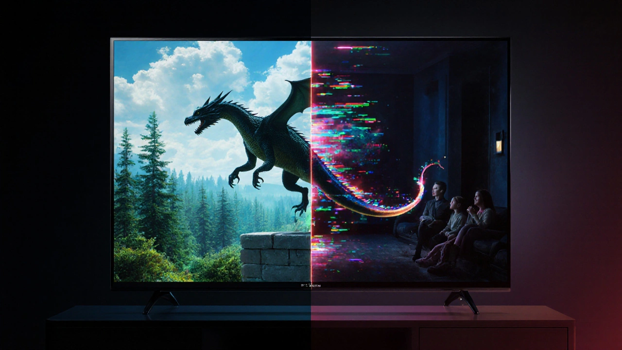 Split-screen: perfect VFX on left, glitched dragon tail clipping through wall on right, revealing technical failures on a large TV.
