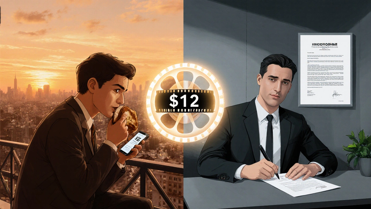 Split-screen: production assistant with low bank balance on one side, producer signing net profit contract on the other.