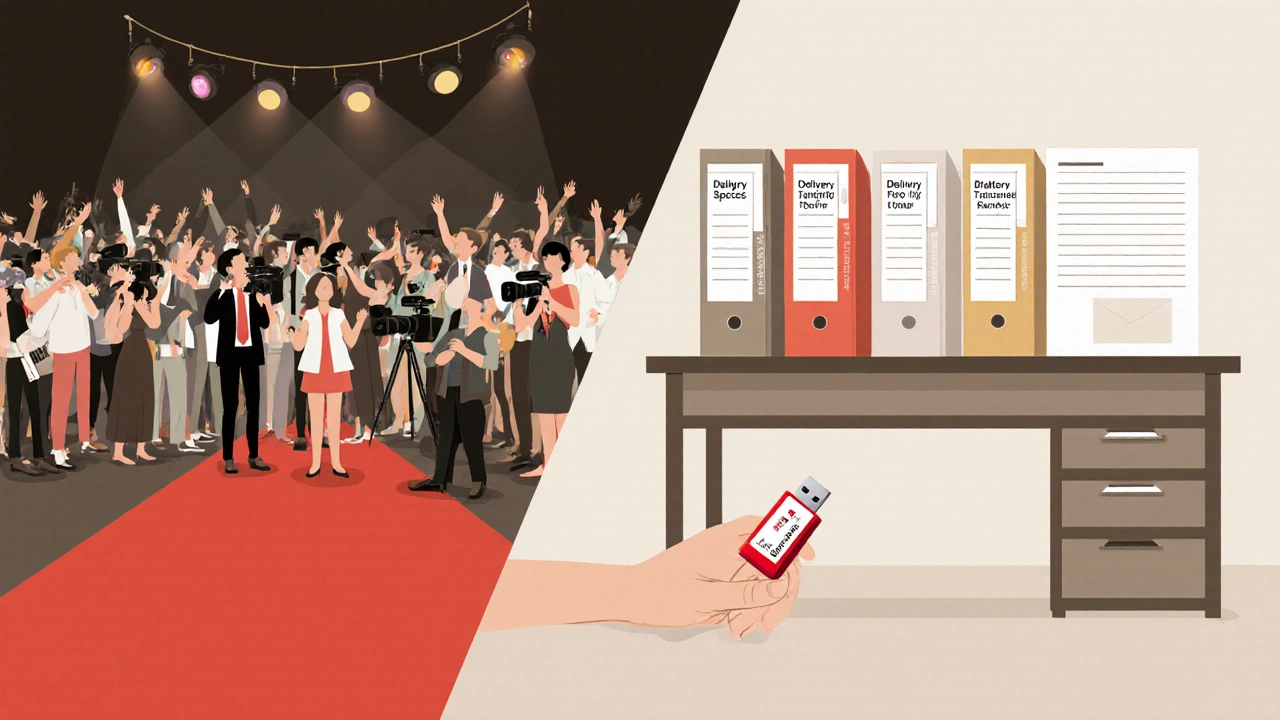 Split-screen showing chaotic film festival vs. organized delivery materials for streaming.