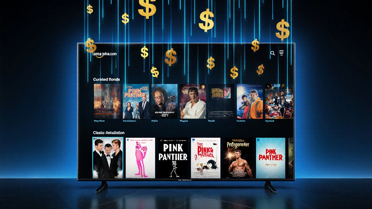 Streaming platform interface displaying classic films with floating revenue symbols representing global income streams.