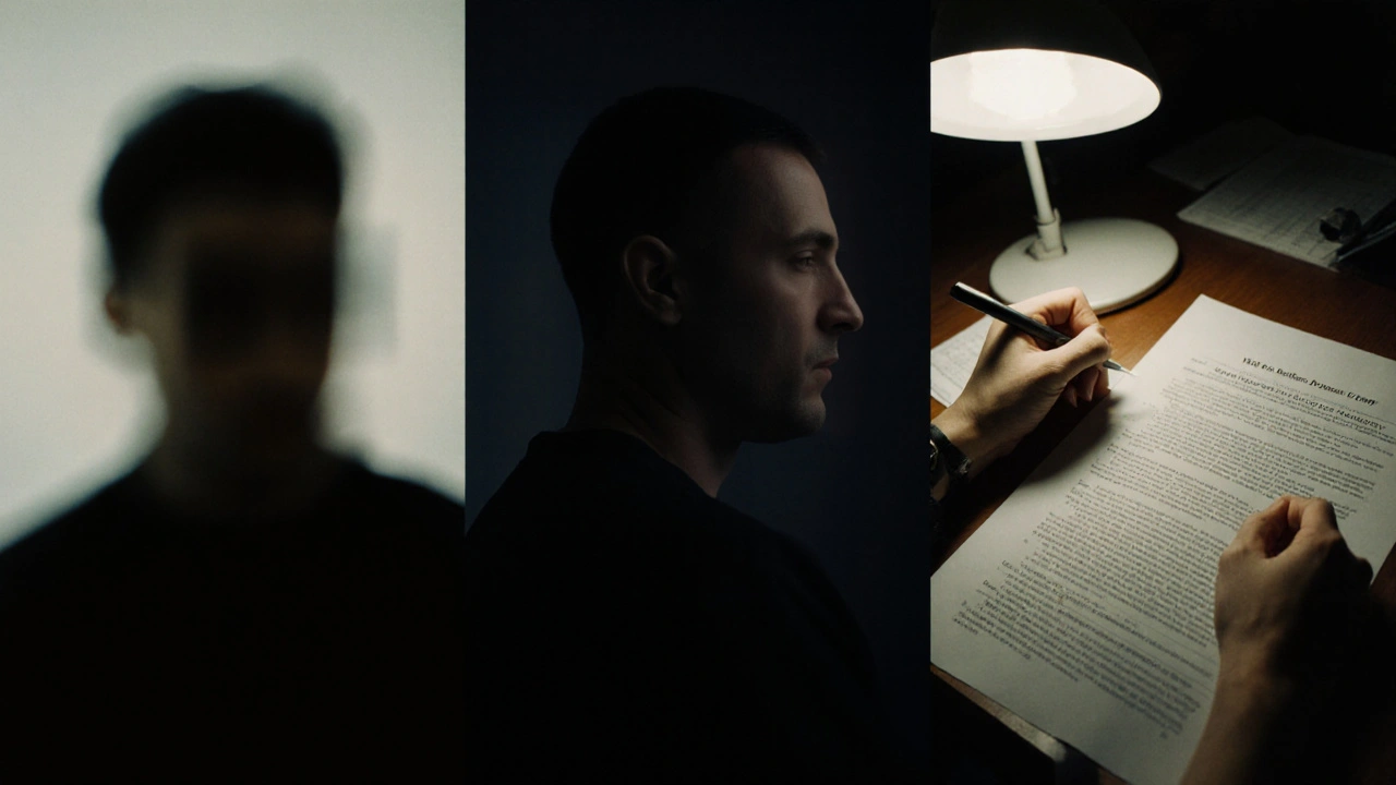 Three anonymized documentary subjects: blurred face, distorted voice, and signing form under soft light.