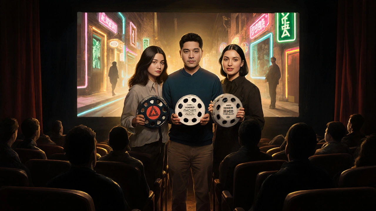 Three emerging actors in an empty cinema, holding film reels as their characters play on the screen behind them.