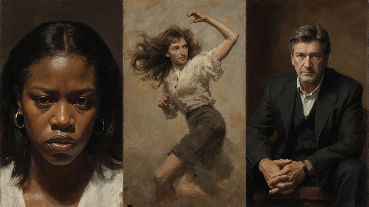 Three iconic film performances visually contrasted: calm intensity, chaotic energy, and silent menace, rendered in painterly style.