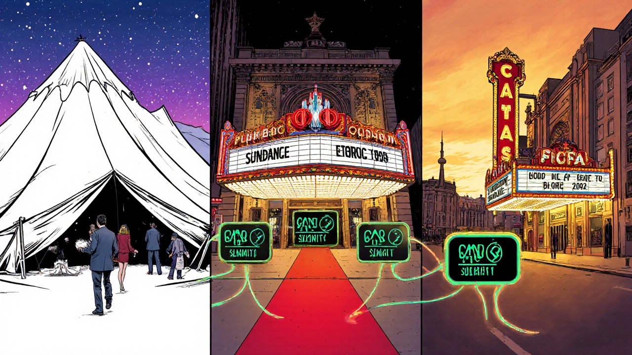 Three major film festivals represented with genre-specific films bursting from their entrances.