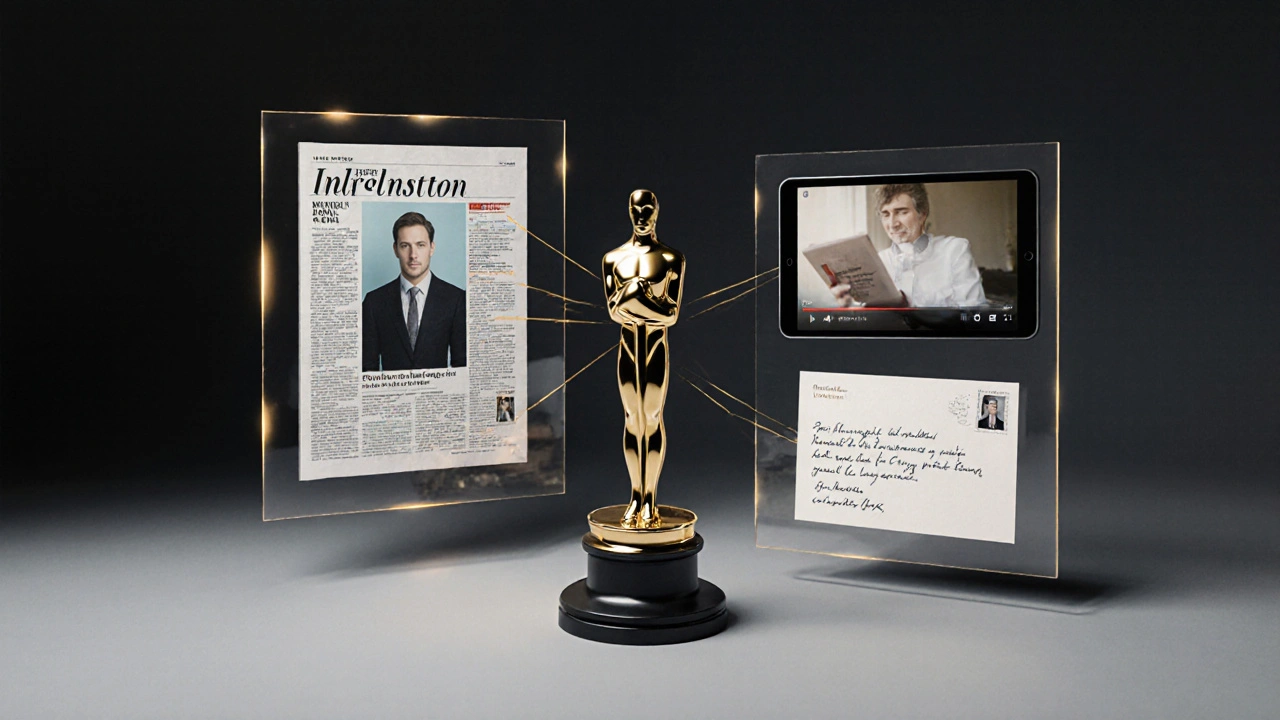 Three transparent panels showing trade ad, video message, and handwritten note converging on an Oscar statuette in dark space.