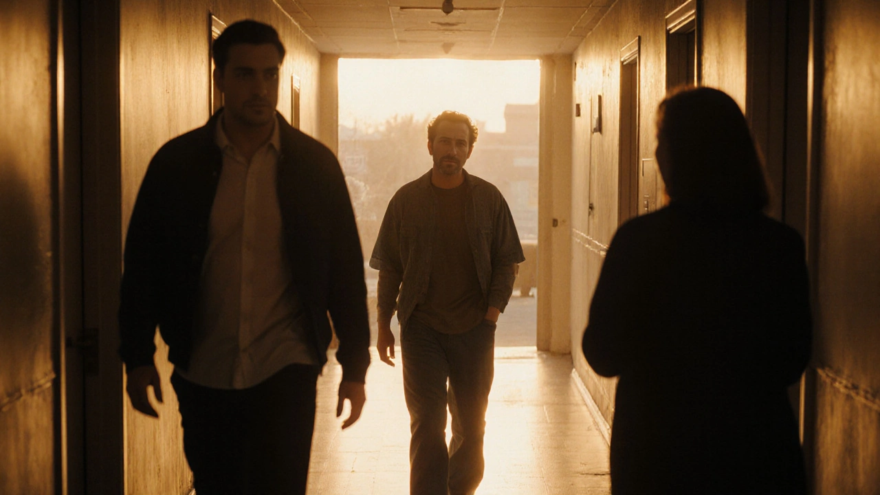 Two actors moving slowly in a hallway, sharing a silent, emotionally charged moment.