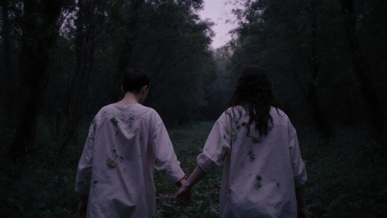 Two figures walking through a forest at dusk, fingers barely touching, clothed in damp linen.