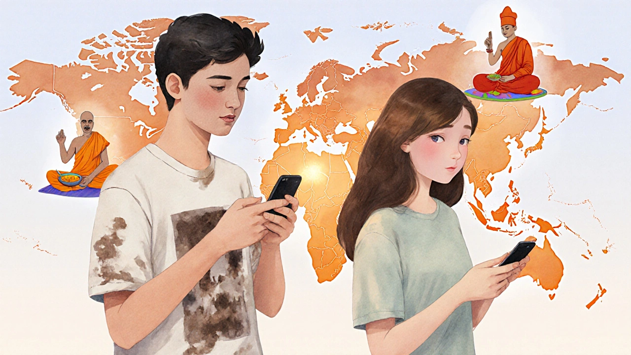 Two teenagers texting across a map of India and China, with floating cultural symbols above them.