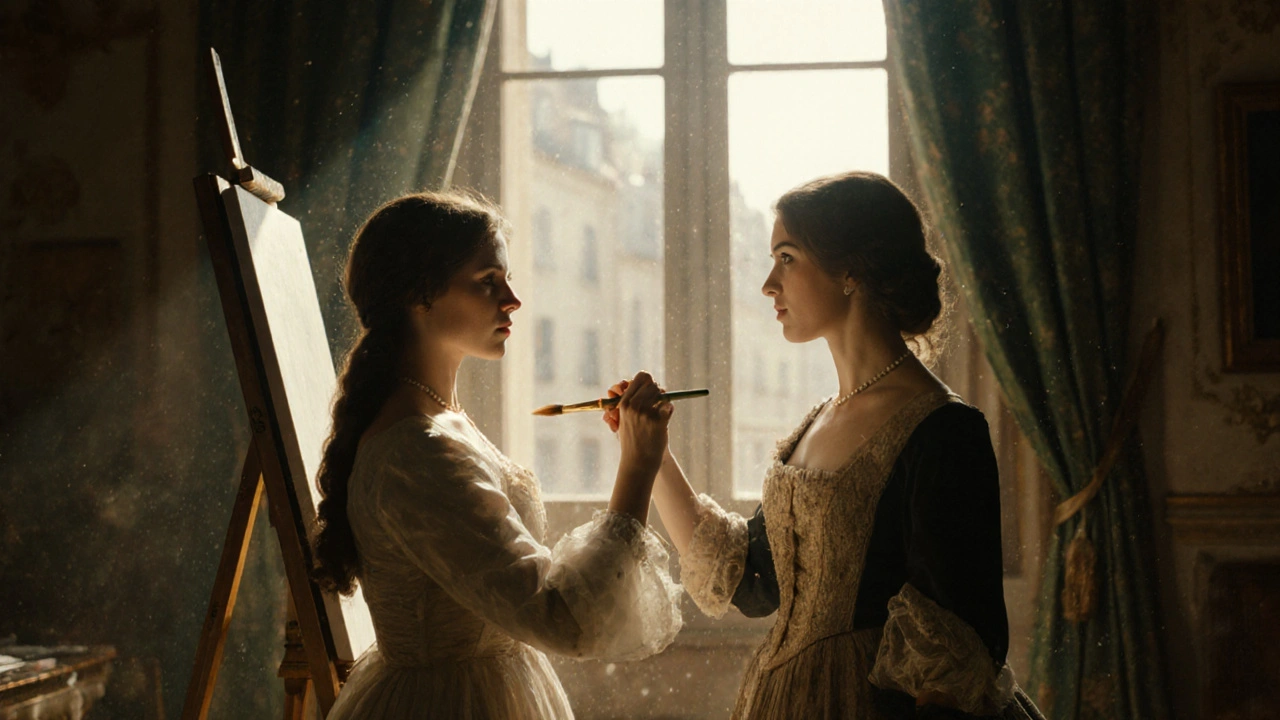Two women in 18th-century clothing share a silent, intimate moment as one paints the other in a sunlit studio.