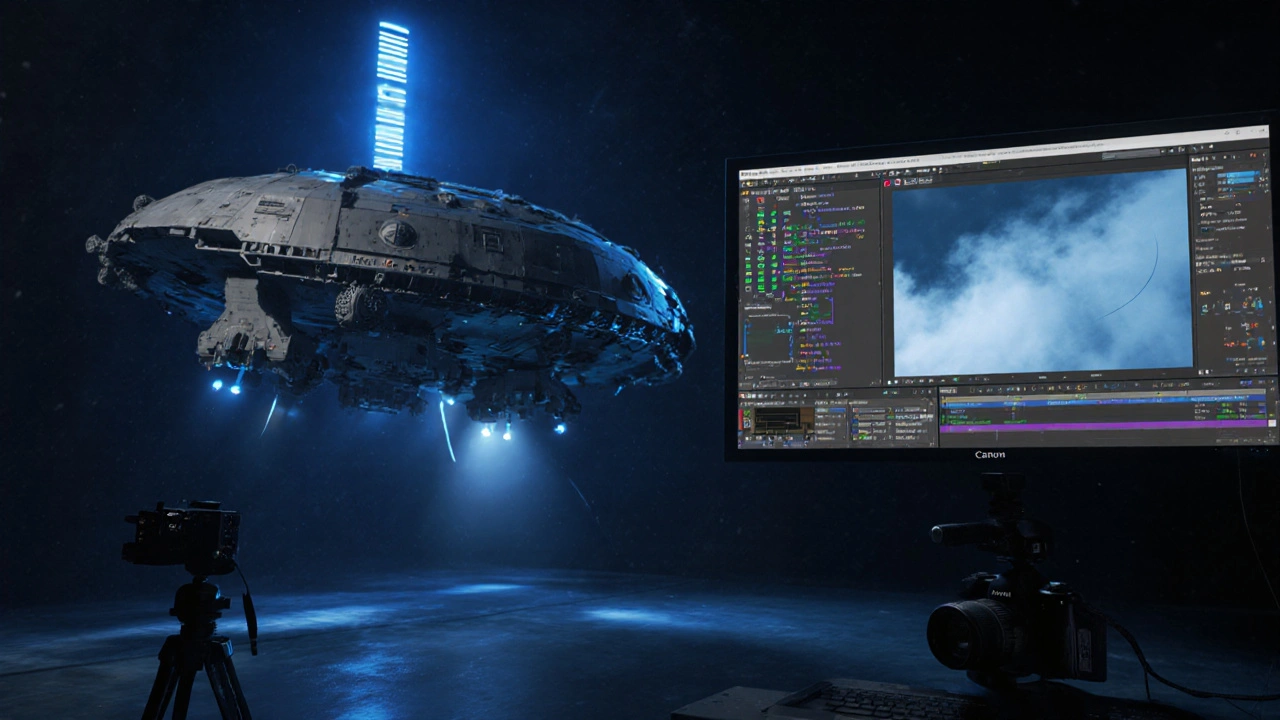 VFX pipeline showing Blender, Gaffer, and Natron interfaces working together with CGI and real footage integration.