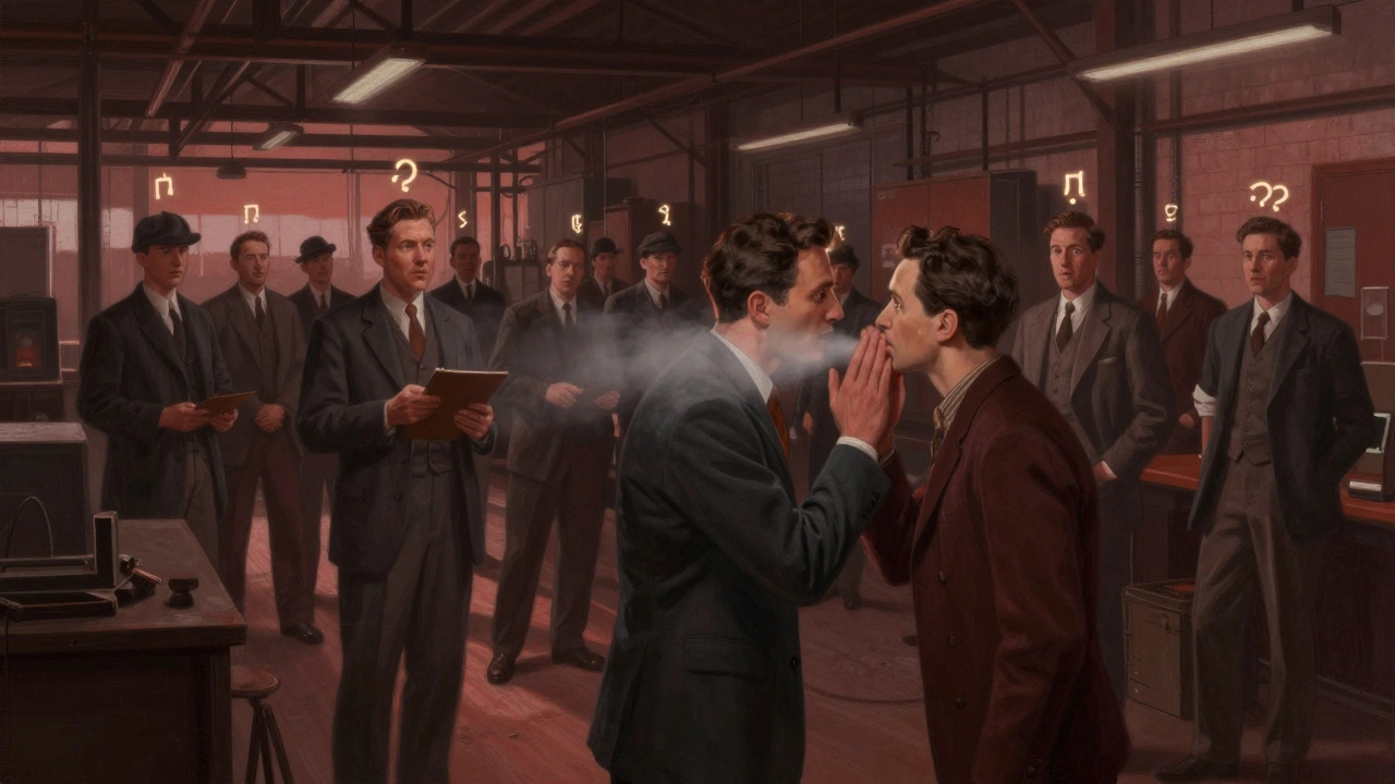 1940s factory crowd with subtle accents visualized as glowing phonetic symbols above each worker's head.