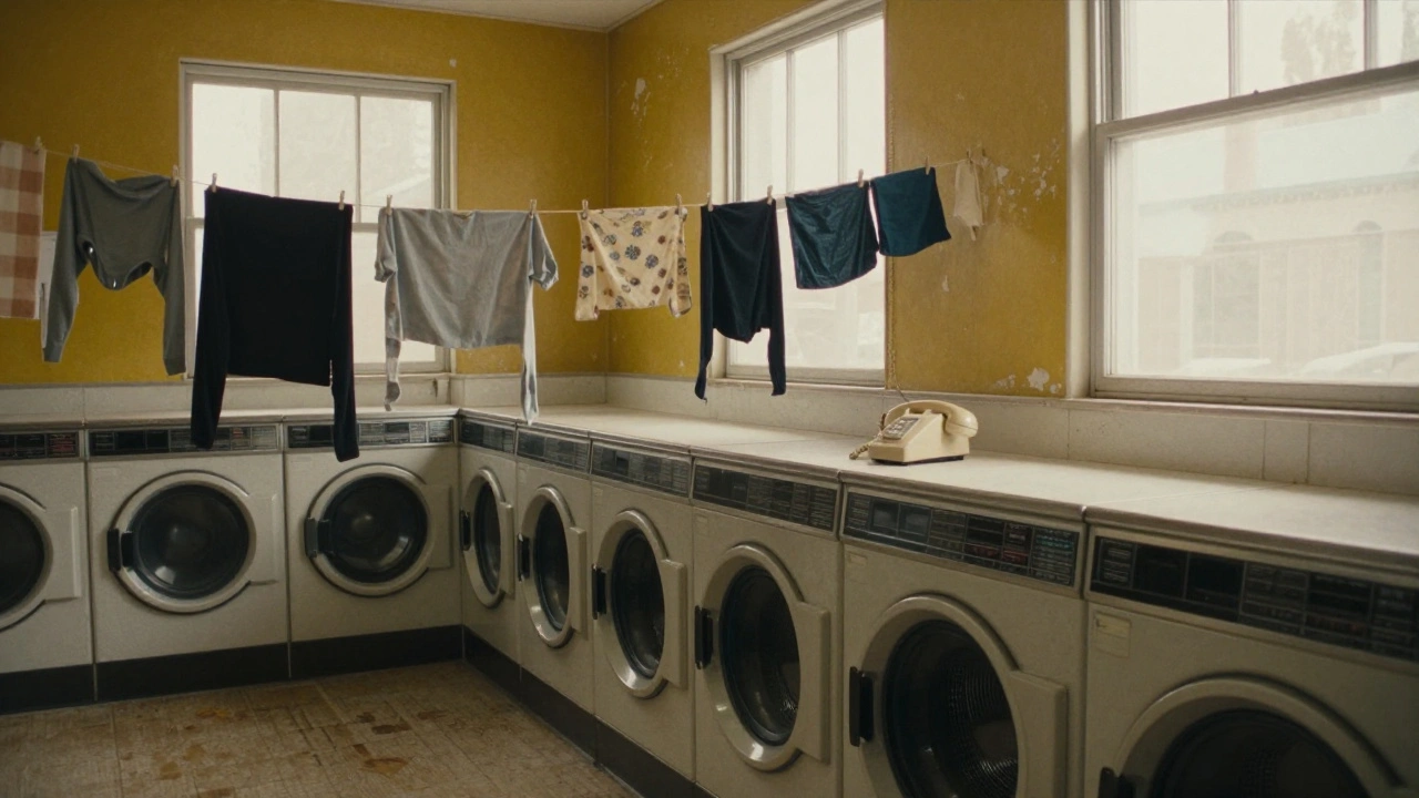 A 1970s-style living space created from a repurposed laundromat with mustard walls and hanging laundry.