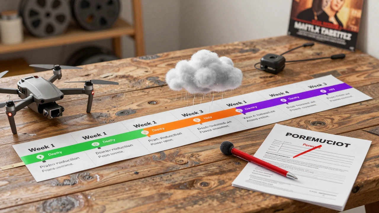 A 30-day film production timeline as a colorful roadmap on a wooden table with film gear.