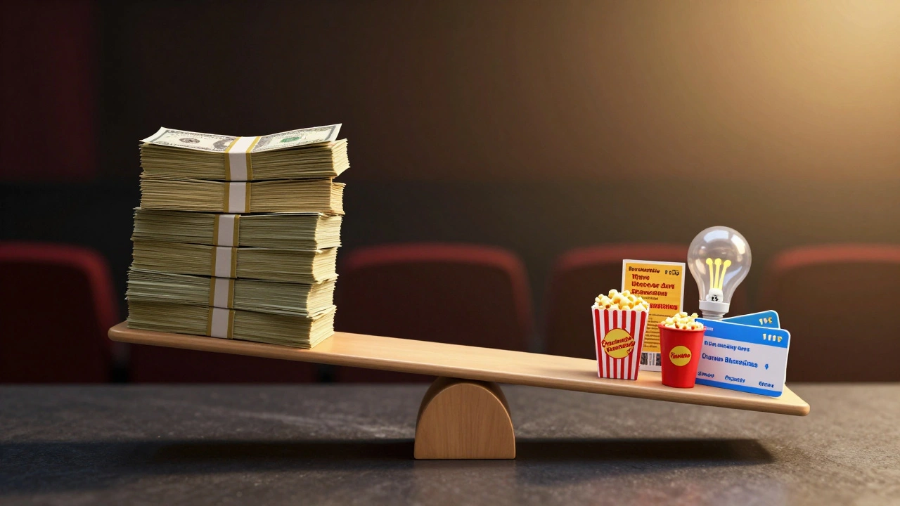 A balance scale weighing high theater costs against sustainable revenue strategies like popcorn, LED lights, and community events.
