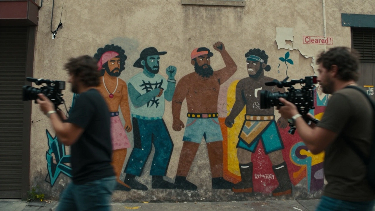 A blurred mural on a city wall as a film crew passes by, with a faded 'Cleared?' stamp.