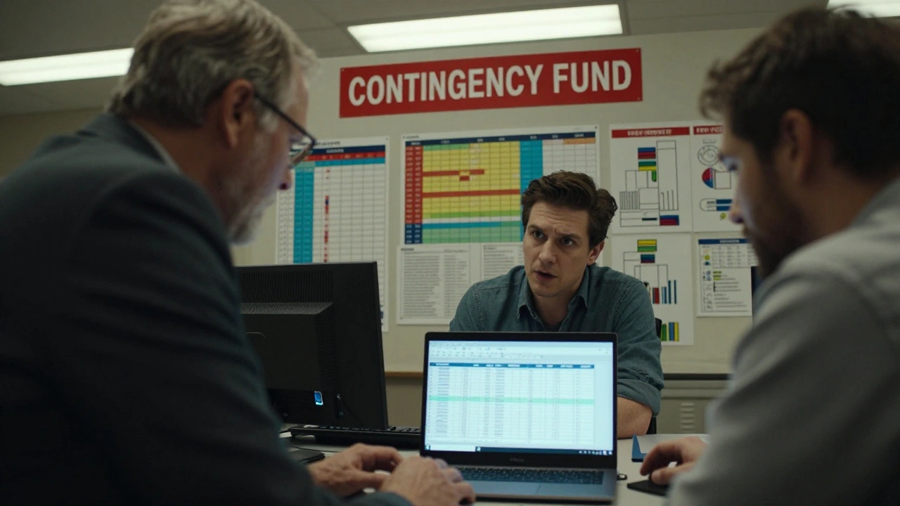 A bond company line producer analyzing a budget spreadsheet with a distressed producer in a production office.