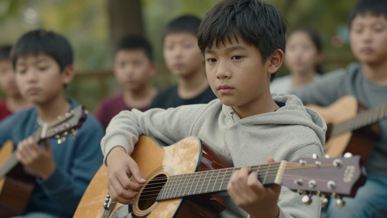 A boy's quiet transformation over years, shown through changing clothing and hesitant expressions.