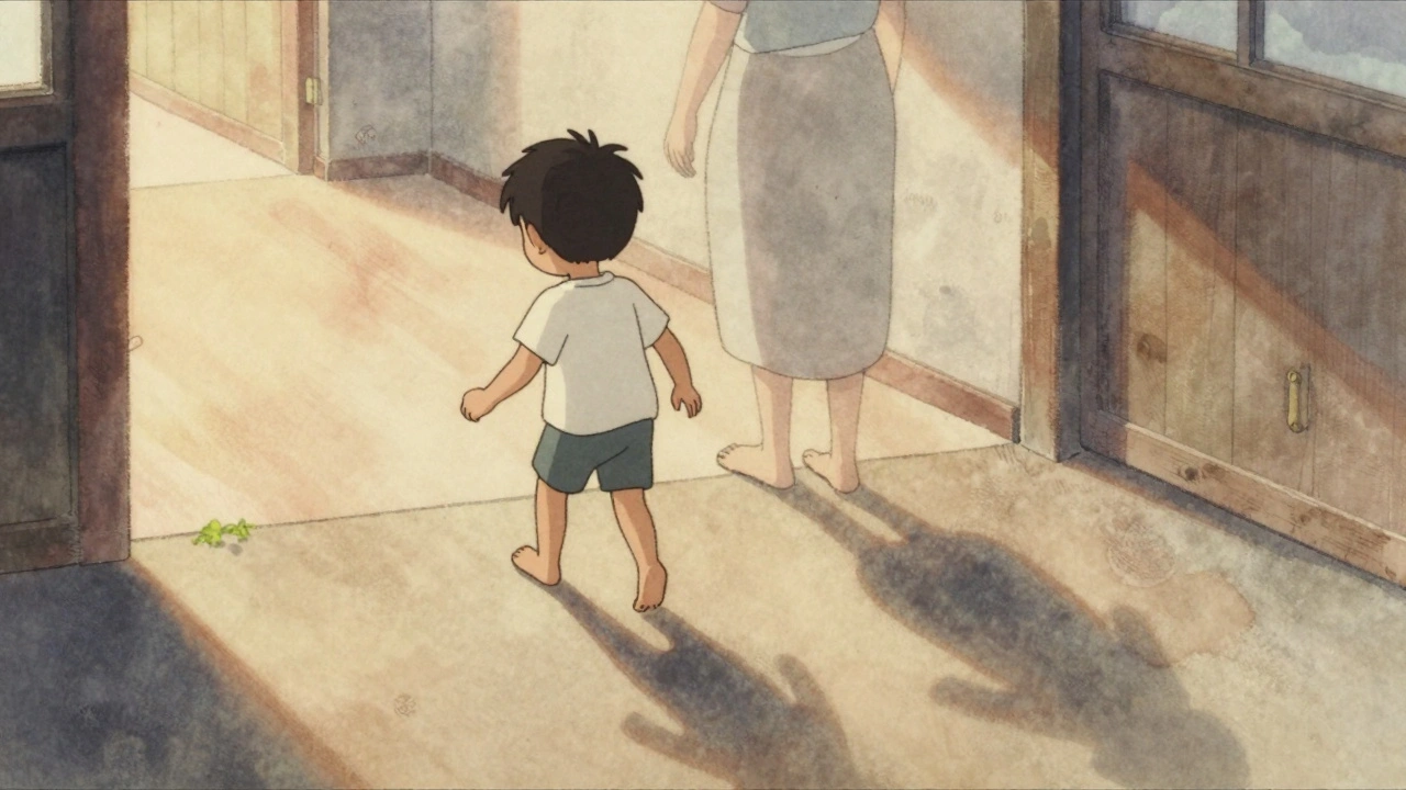 A boy takes his first step guided by his mother’s shadow in soft animated light.