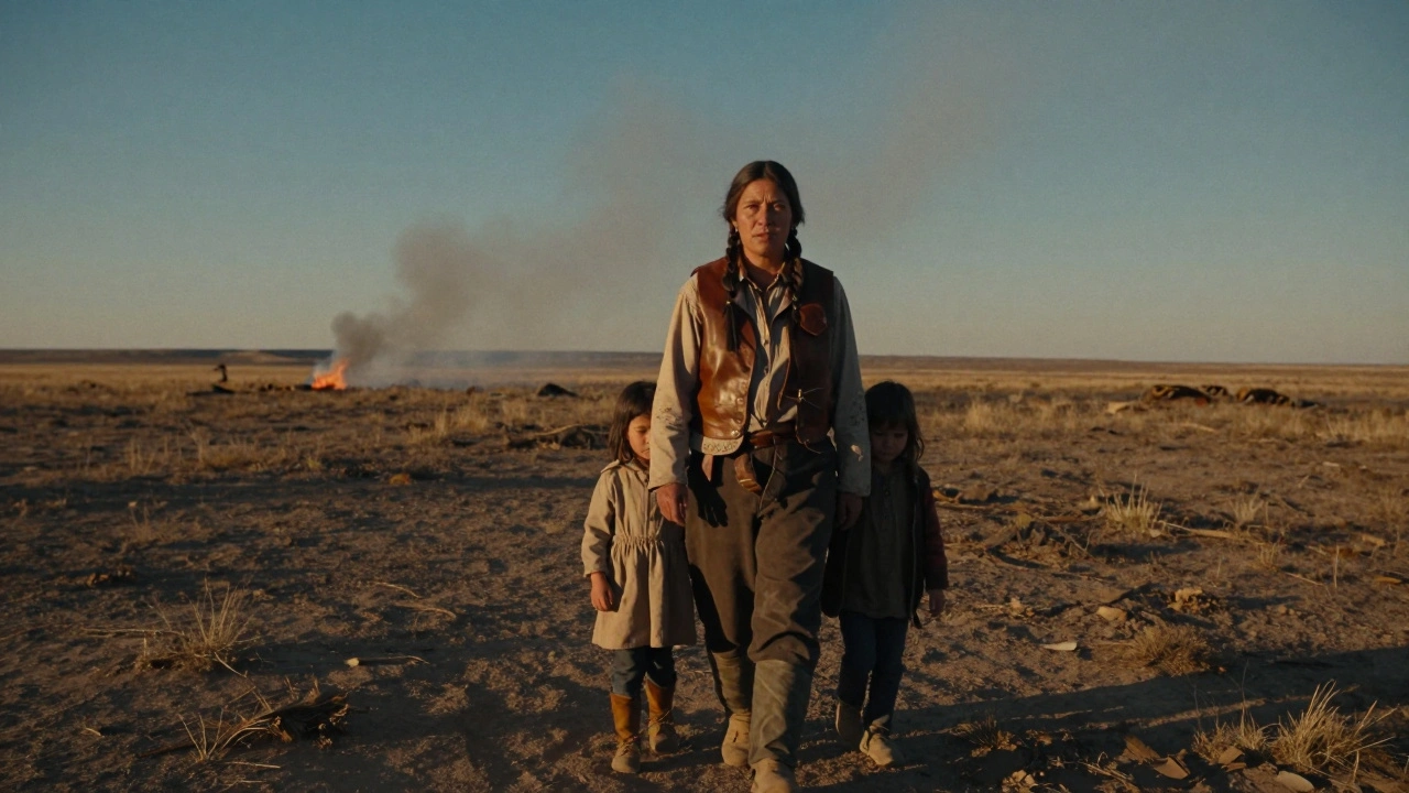 A Cherokee mother and her two children walk across a dusty Texas prairie at dawn.
