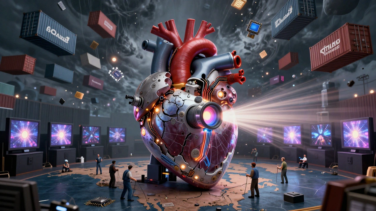 A cinematic projector depicted as a mechanical heart powering theaters across North America, damaged by supply chain chaos.
