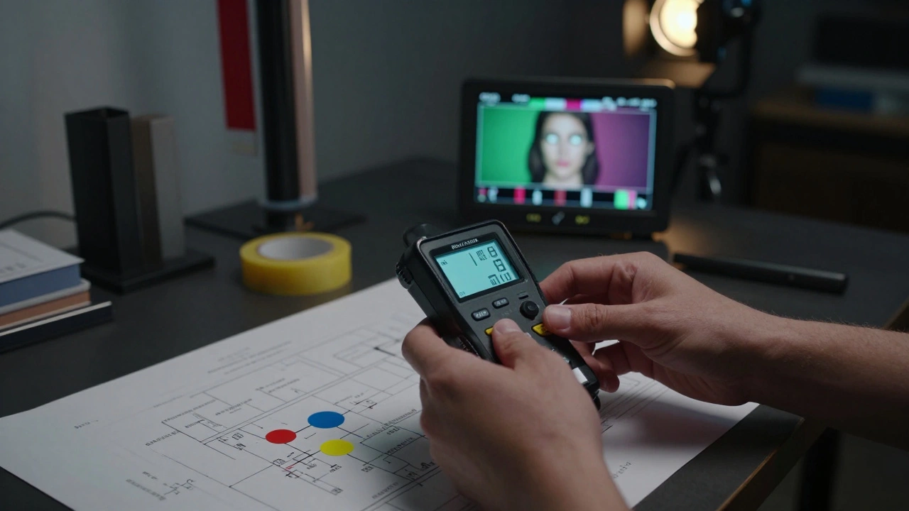 A cinematographer&#039;s hands using a light meter beside floor markings and a monitor showing a test shot with perfect lighting.