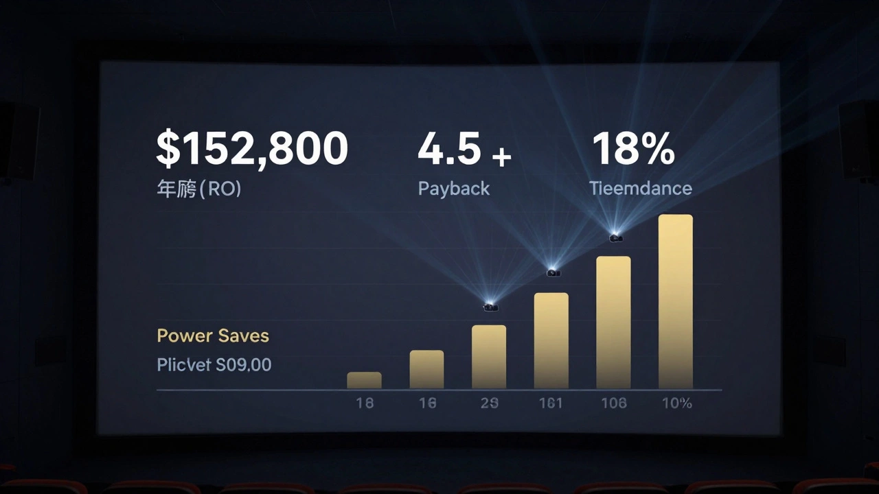 A conceptual financial dashboard overlaid on a cinema screen, showing ROI metrics with laser projector icons and color-coded graphs.