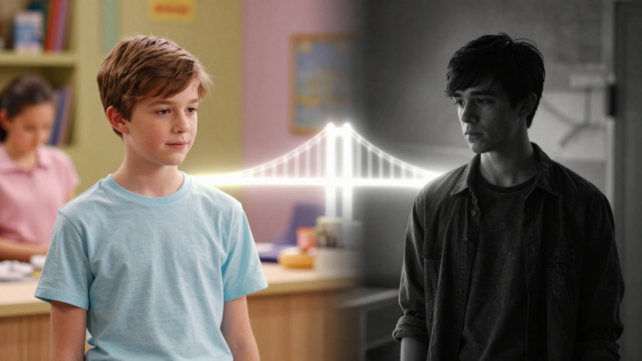 A conceptual split image showing a child actor transforming into a teen actor, connected by a glowing bridge of light.