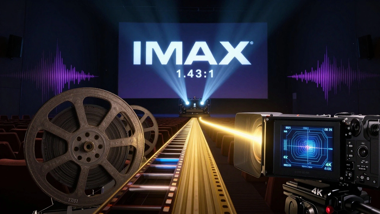 A conceptual split image showing film and digital IMAX workflows connected by light.