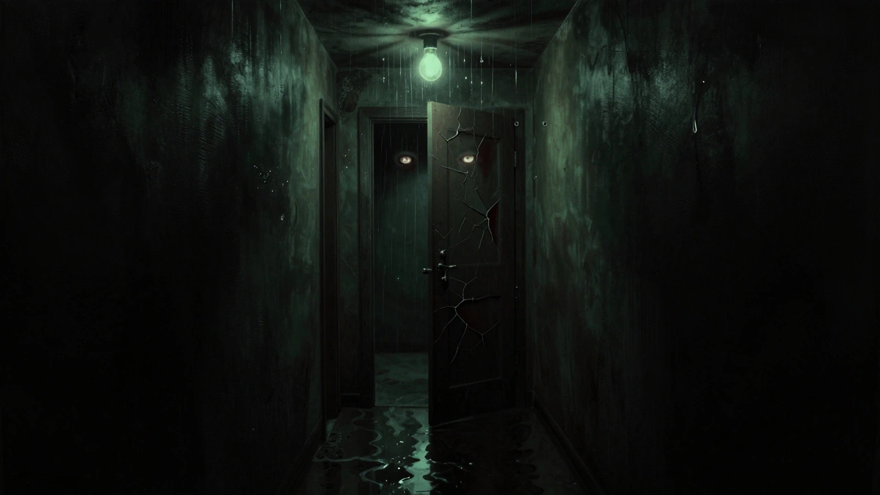 A dark, damp hallway with a flickering light and glowing eyes behind a cracked door.