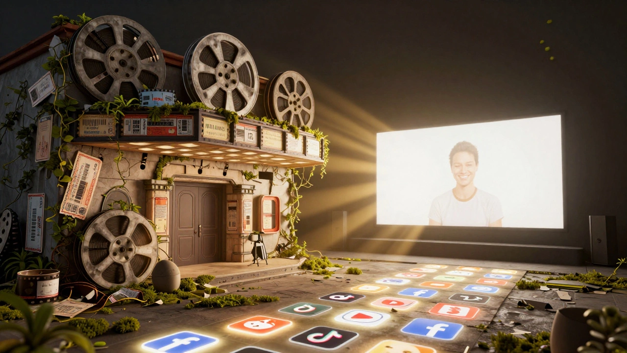 A decaying theater overtaken by nature, while a digital path of social media icons leads to a glowing home theater.