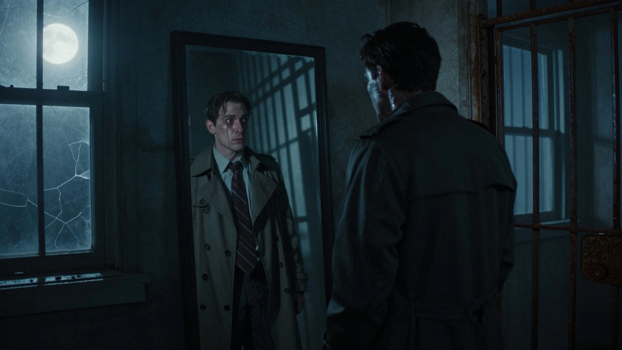 A detective stares into a mirror that reflects a broken stranger, surrounded by the foggy ruins of a psychiatric asylum.