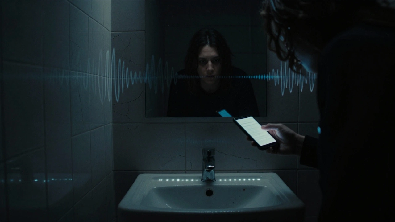 A dim bathroom lit by a phone screen and under-sink LED, casting shadows on cracked tiles.